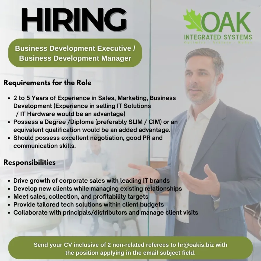 Job poster for Business Development Executive / Business Development Manager