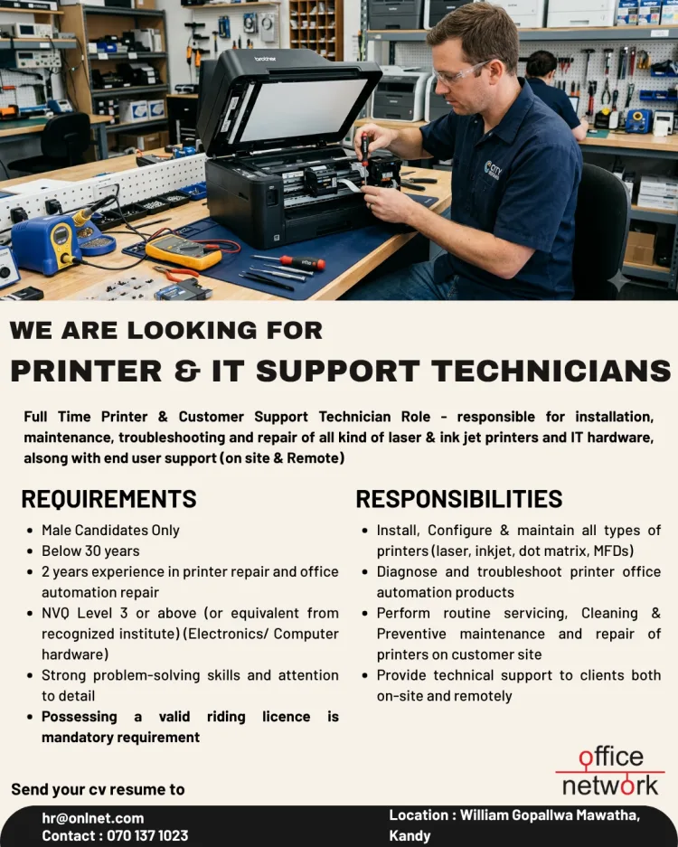 Job poster for Computer Hardware/ Printer Technician - Field