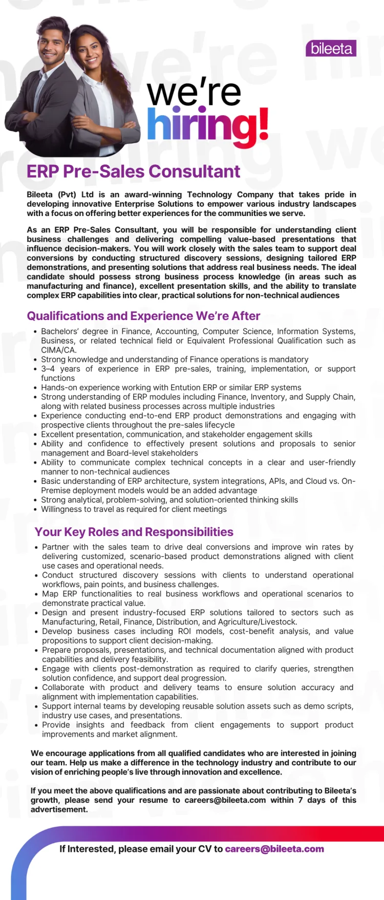 Job poster for ERP Pre-Sales Consultant
