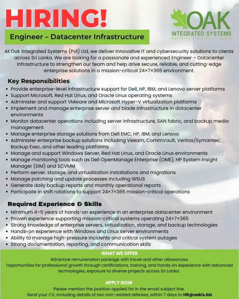 Job poster for Engineer - Datacenter Infrastructure