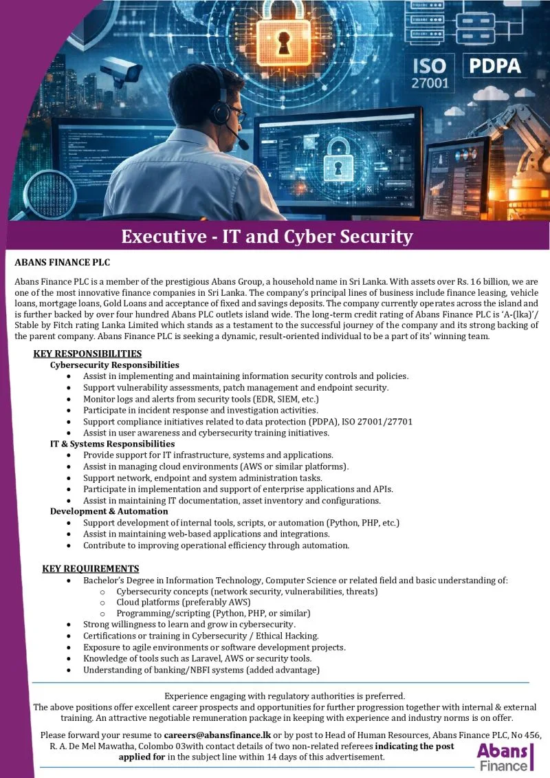 Job poster for Executive - IT and Cyber Security