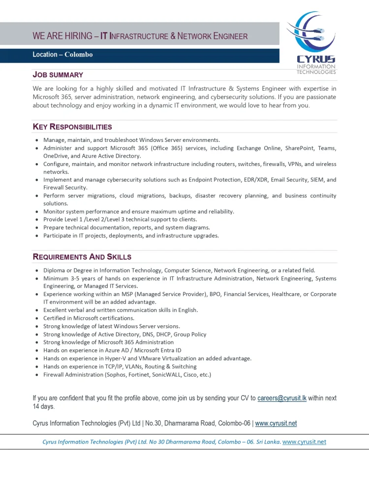 Job poster for IT Infrastructure & Network Engineer