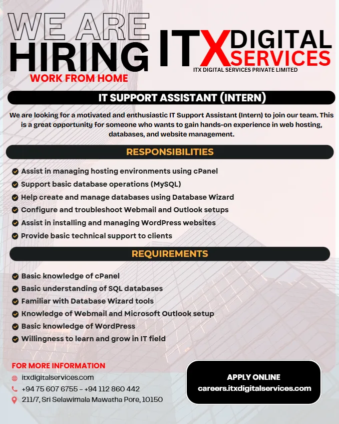 Job poster for IT Support Assistant (Intern)