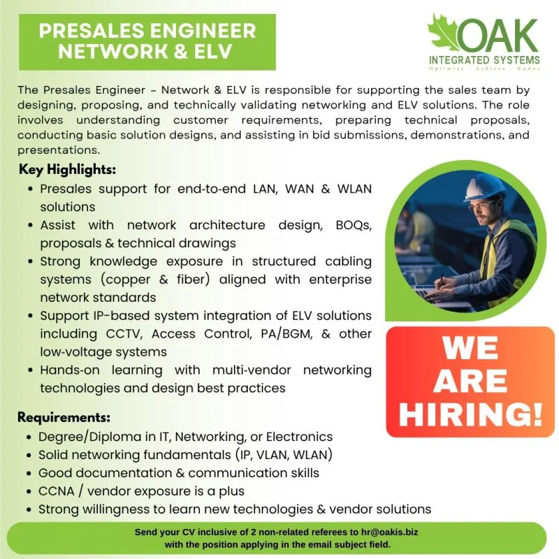 Job poster for Presales Engineer - Network & ELV