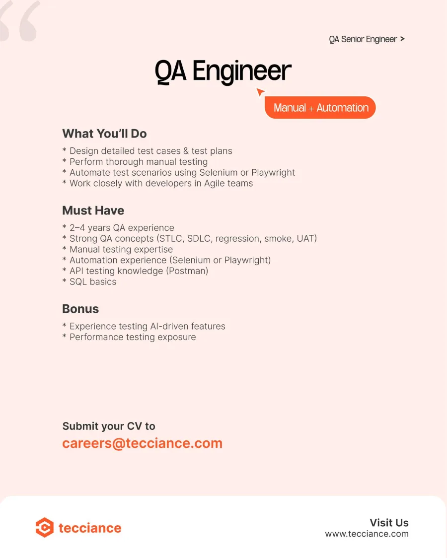 Job poster for QA Engineer - Manual + Automation