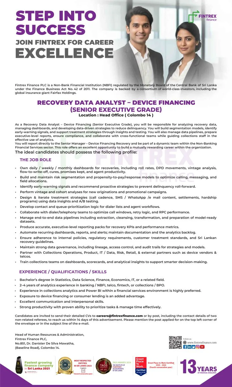 Recovery Data Analyst - Device Financing (Senior Executive Grade) - ITPro.lk