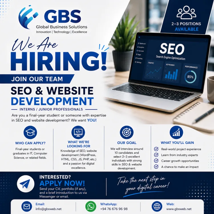 Job poster for SEO & Website Development Interns / Junior Professionals