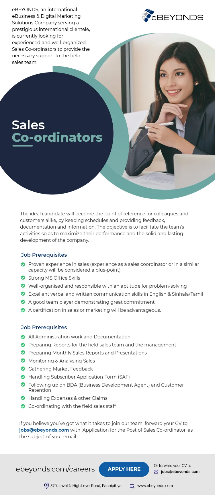 Job poster for Sales Co-ordinator