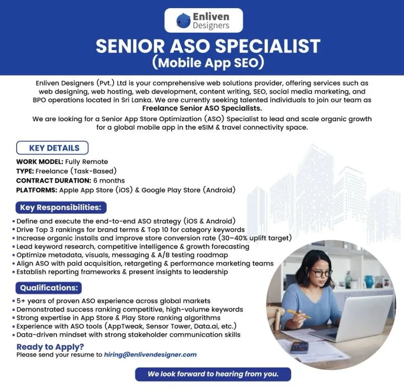 Job poster for Senior ASO Specialist (Mobile App SEO)