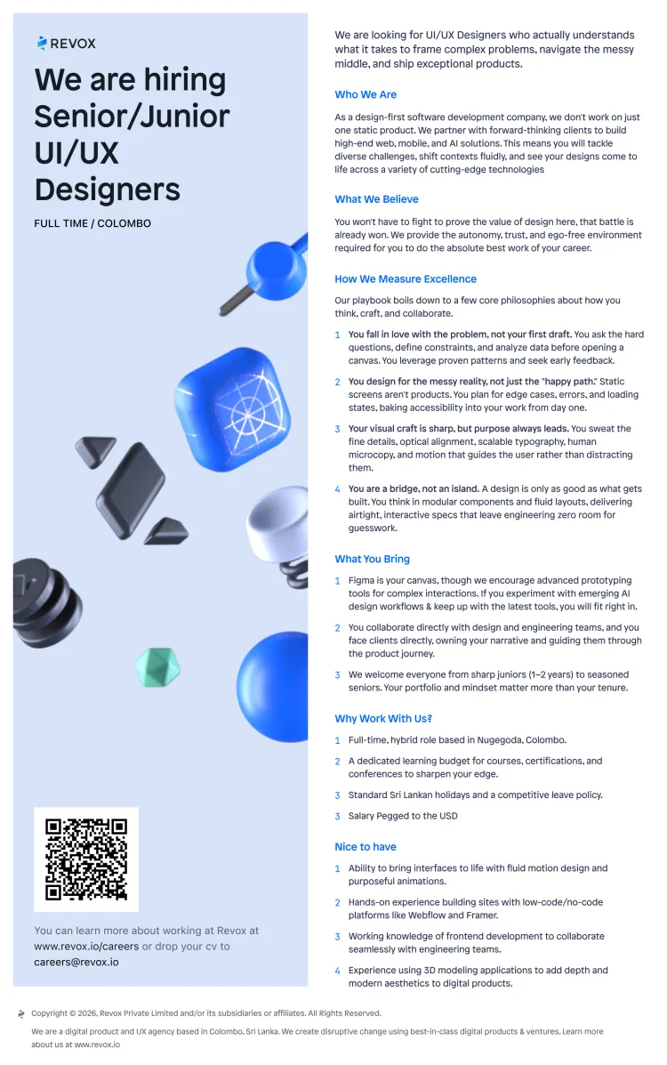 Job poster for Senior/Junior UI/UX Designer