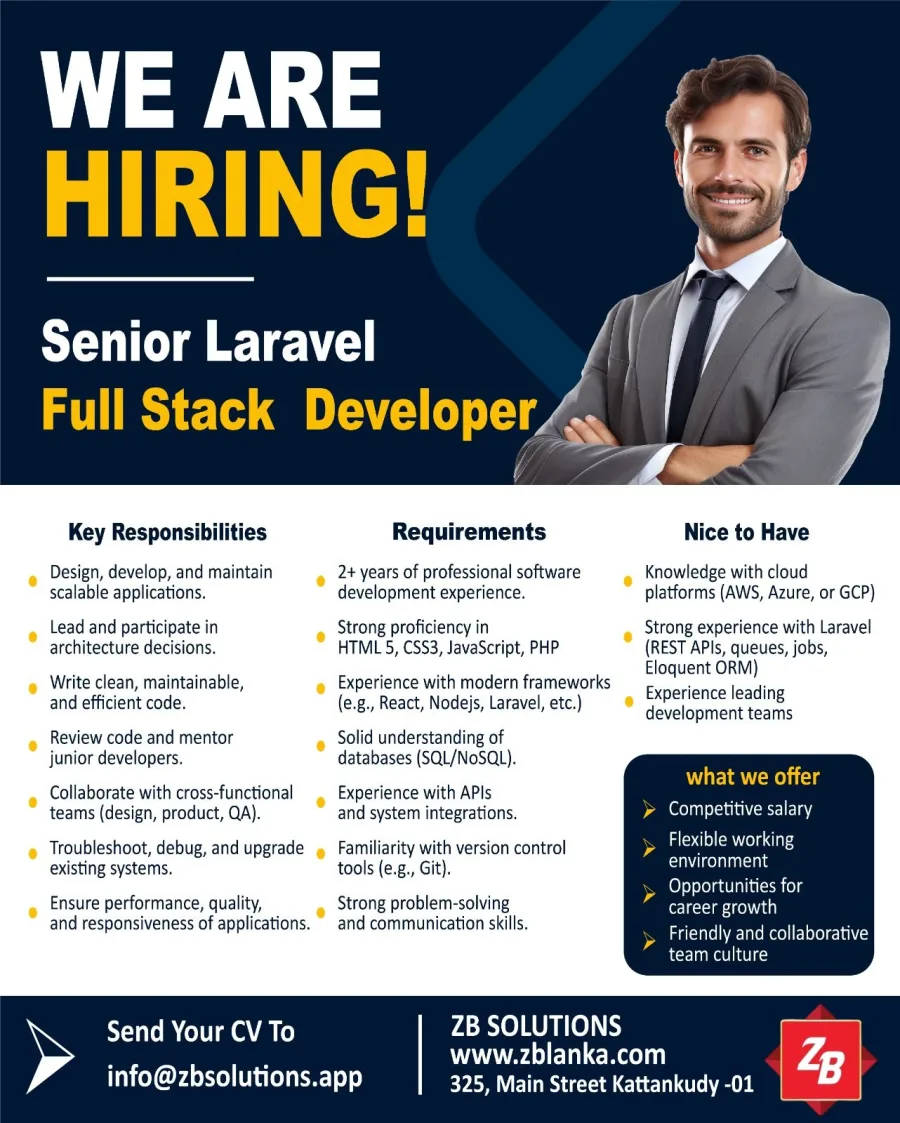 Job poster for Senior Laravel Full Stack Developer