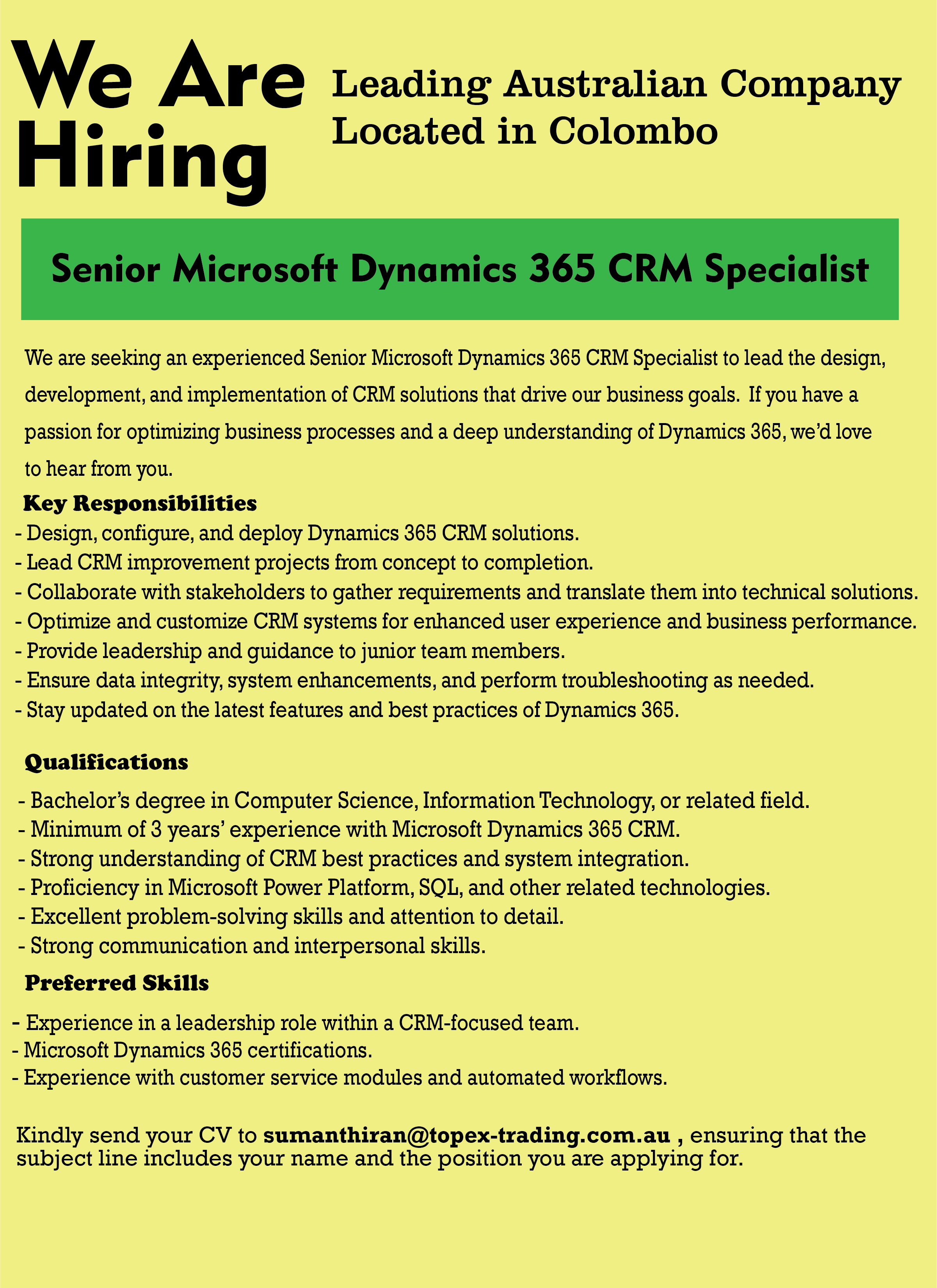 Senior Microsoft Dynamics Crm Specialist At Topex Trading Pty Ltd Itpro Lk