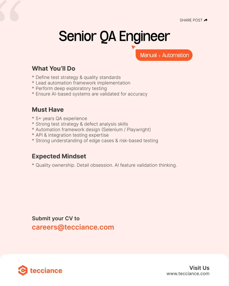 Job poster for Senior QA Engineer - Manual + Automation