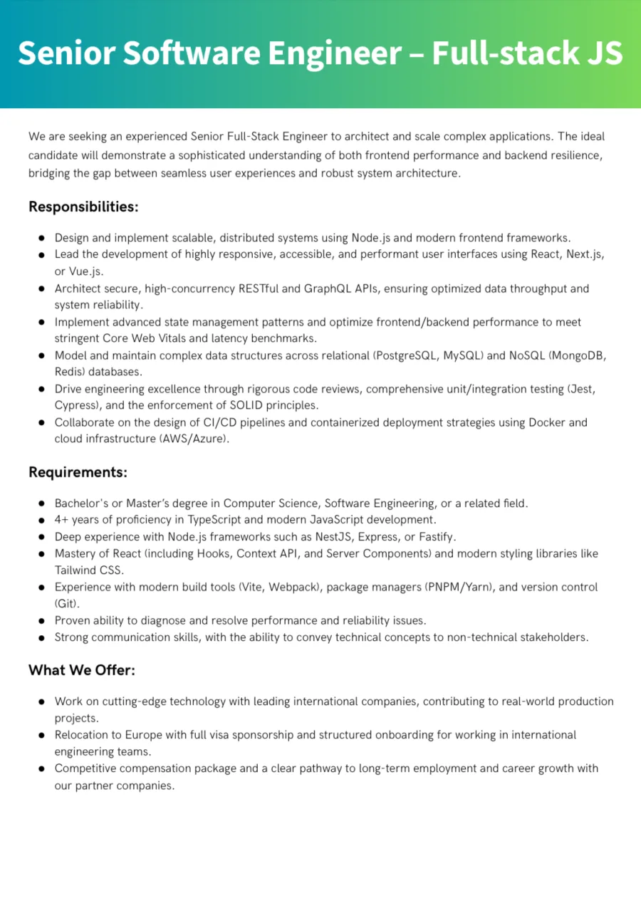Job poster for Senior Software Engineer - Full Stack - JavaScript