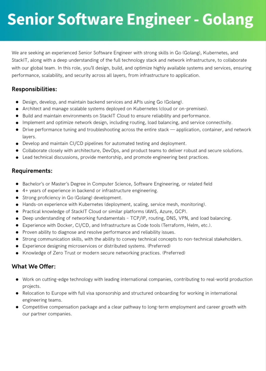 Job poster for Senior Software Engineer - Golang
