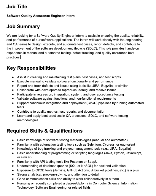 Software Quality Assurance Engineer Intern - ITPro.lk