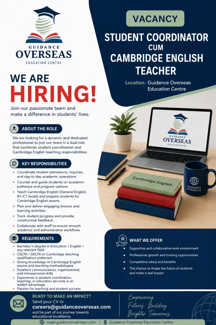 Job poster for Student Coordinator cum Cambridge English Teacher