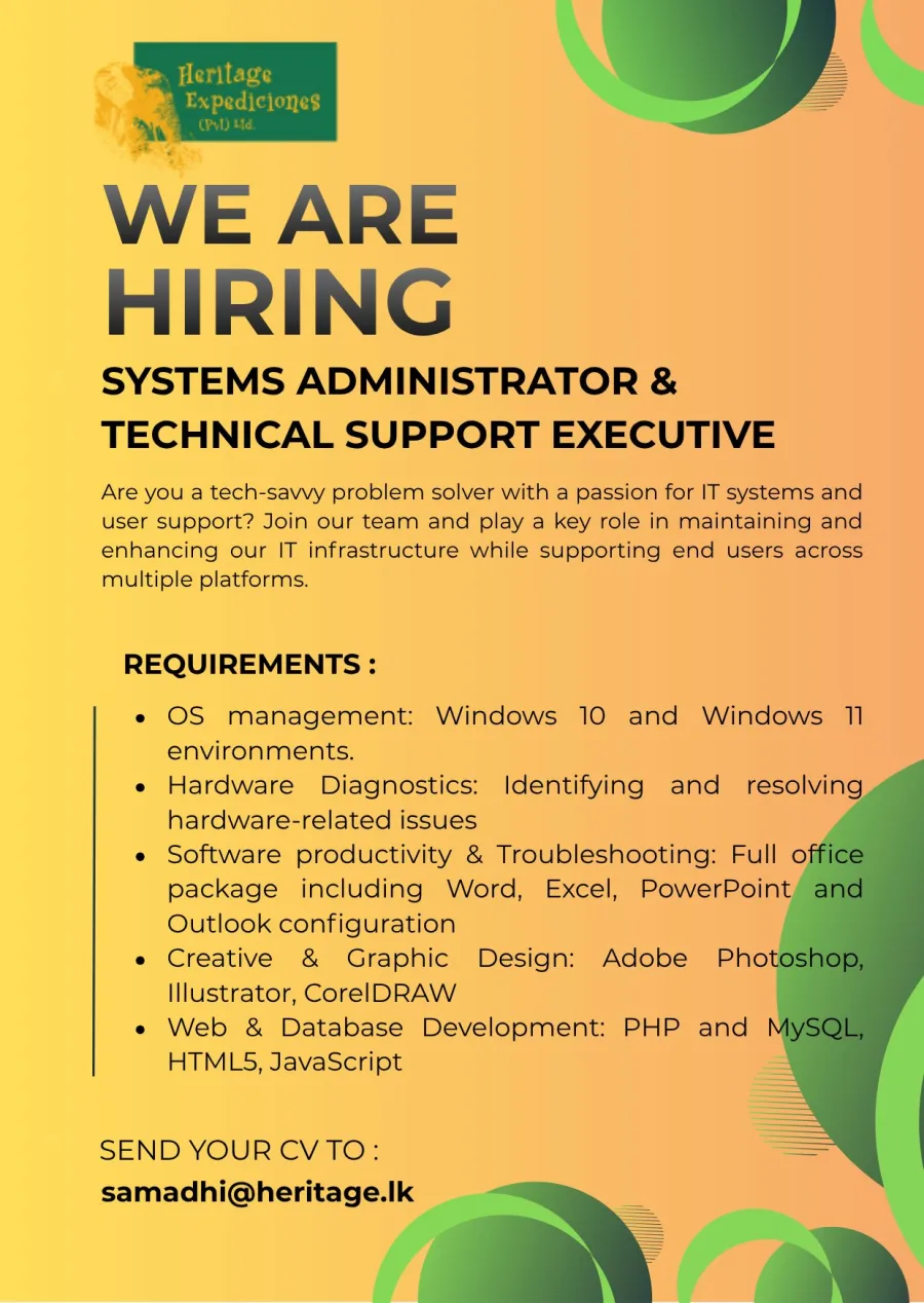Job poster for Systems Administrator & Technical Support Executive
