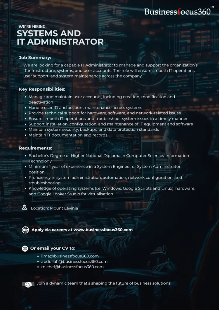 Job poster for Systems and IT Administrator