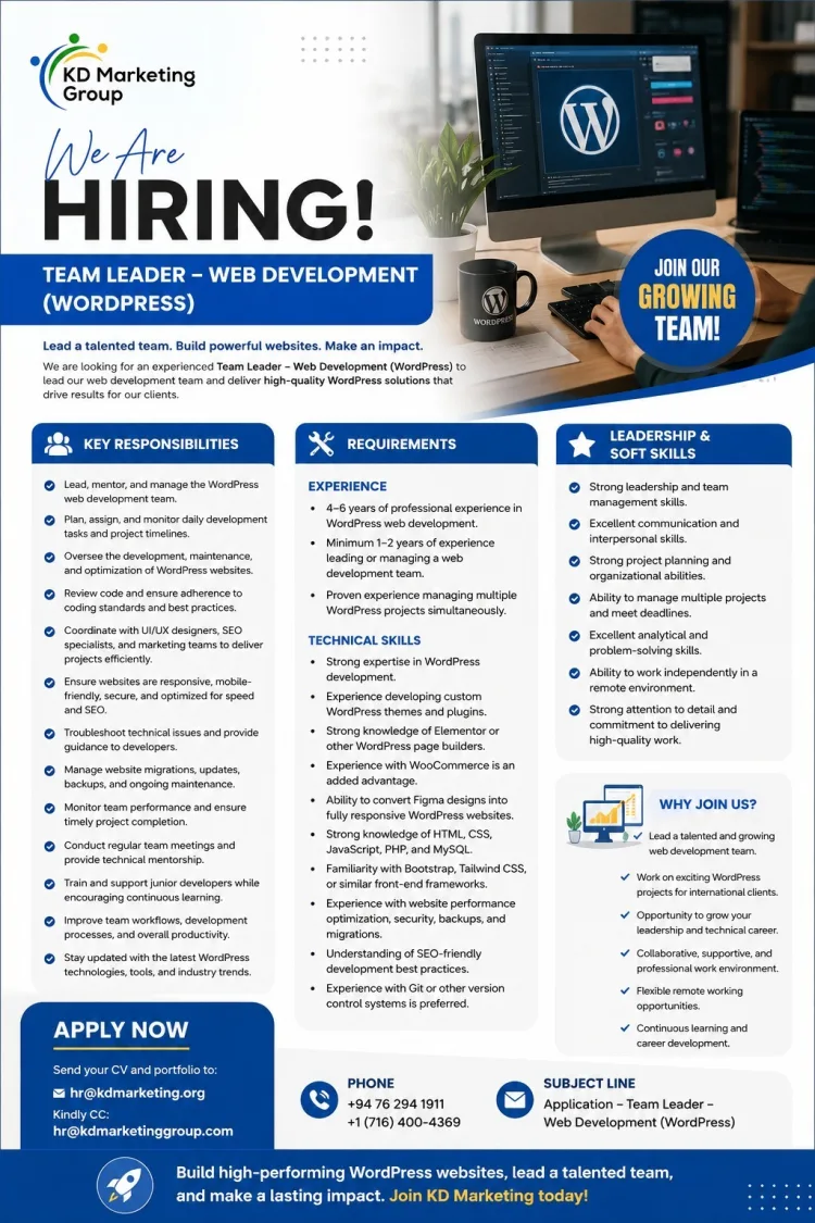 Job poster for Team Leader – Web Development (WordPress)